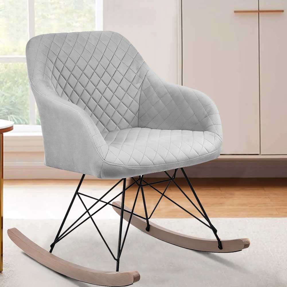 BAKAJI Poltrona Sedia a Dondolo Relax Casa Rivestimento in Tessuto Struttura Legno Imbottita Piedi in Metallo Base Dondolante Legno Dimensione 75 x 58 x 80 cm Design Moderno Scandinavo (Grey)