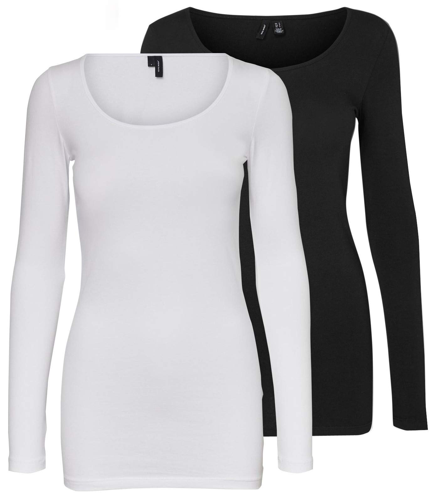 VERO MODA Women's Long-Sleeved Blouse, Pack of 2, White/Black (1 x Bright White / 1 x Black), M