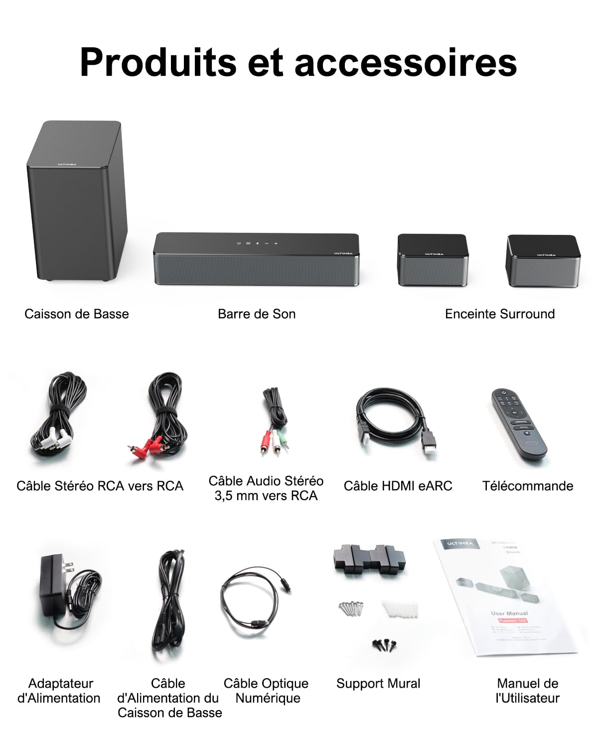 ULTIMEA Barre de son 5.1 avec Dolby Atmos, système de son surround 3D, barre de son pour TV avec caisson de basses, 2 haut-parleurs arrière, barre de son Bluetooth 5.3 avec basses réglables, Poseidon