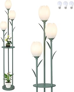 3-Light Flower Floor Lamps for Living Room, Green Floor Lamp with Shelve...