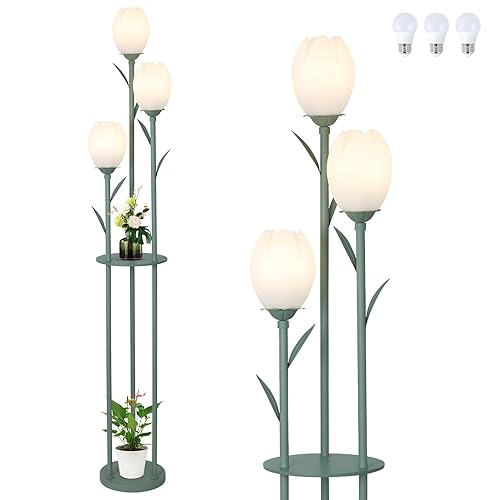 3-Light Flower Floor Lamps for Living Room, Green Floor Lamp with Shelves, Unique Tulip Standing Lamp with 3 LED Blubs, Cute Floral Tall Lamp, Modern Stand Up Light Decor for Bedroom, Kids Room - Green