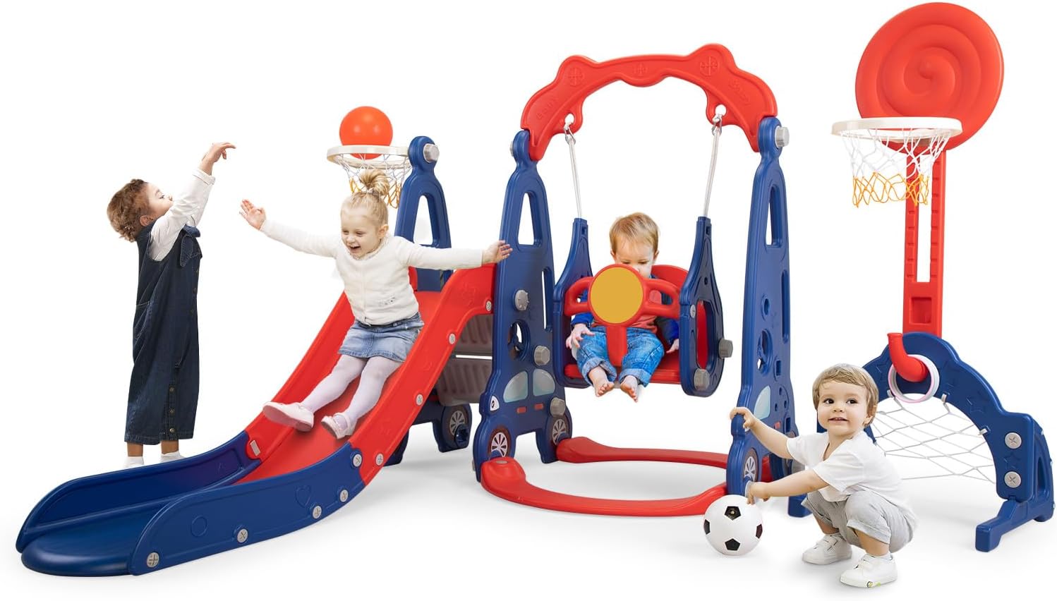 NYEEKOY 5 in 1 Toddler Slide and Swing Playset for Children Age 1-8, Indoor Outdoor Freestanding Kids Slide Climber Playground with Basketball Hoop and Long Slide, Backyards Silde Sets for Baby