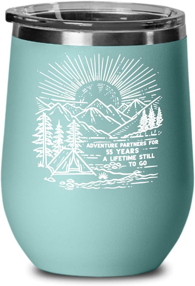 55th Anniversary Wine Tumbler For Camping Enthusiasts, Gift For Outdoorsy Couple 55 Year Wedding Anniversary Campfire Cup, Camper Hiking Nature Lover