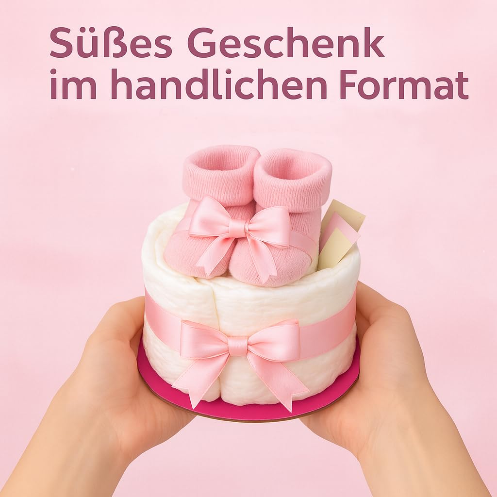 Torta di pannolini da bambina rosa con calzini, regalo per nascita per mamma, battesimo o baby shower, idea regalo con pannolini appena nati, biglietto di auguri incluso