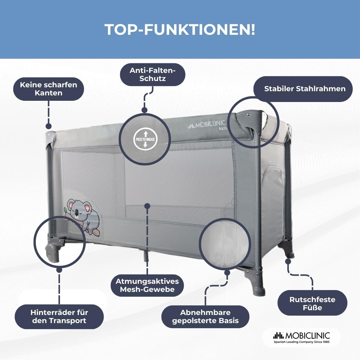 Mobiclinic®, Babybett, 2-in-1, Kinderbett und Laufstall, Faltbar, mit Tragetasche, Herausnehmbare Matratze, Reisebett, Atmungsaktives Gewebe, Seiteneingang mit Reißverschluss, Bis zu 15kg, Mofli