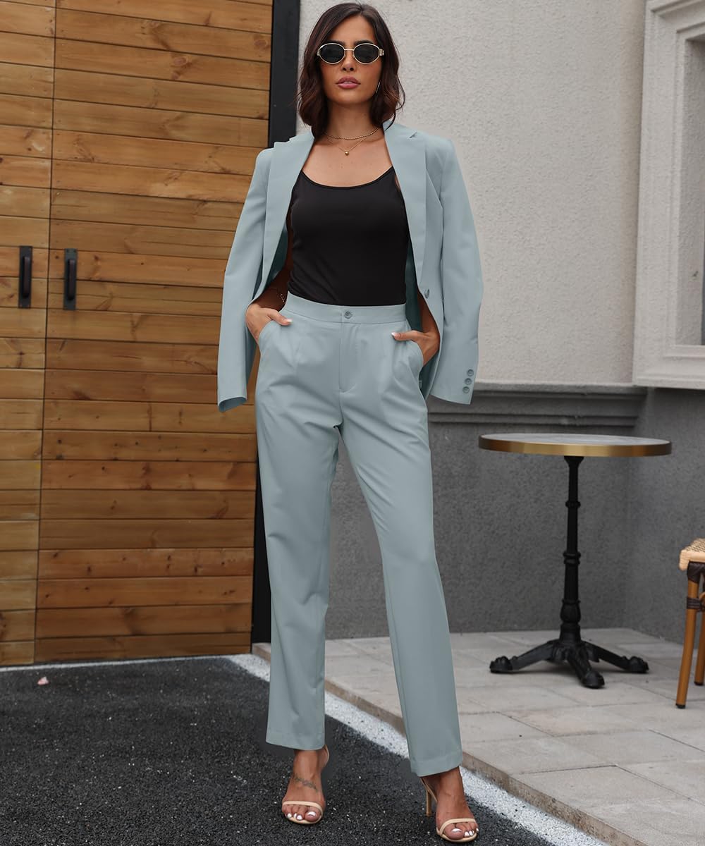Business Casual Outfits for Women 2 Piece One Button Fashion Professional Blazer Pants Suits for Women Sky Blue 3XL