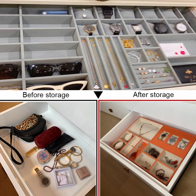 Organizador de joyas apilable para cajón, bandejas de almacenamiento de joyas grises, insertos de tocador para anillos, collares y accesorios (60 x 41 x 5,5 cm)