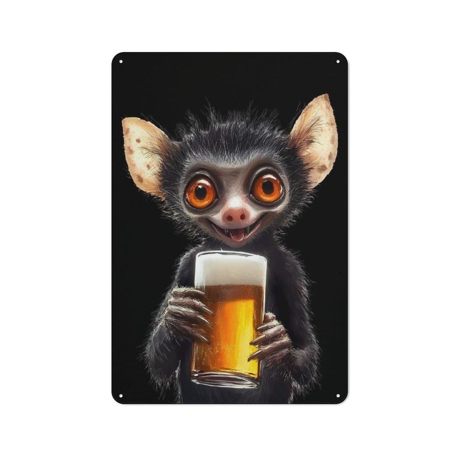 Junmoney Lemur With Beer For Living Room Or Hallway, Rustic Metal Sign 30X20cm, For Home Interiors, Feature Walls And Decorative Displays