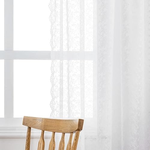 Miniatura 5 de Cortinas de encaje floral de 84 pulgadas de largo, cortinas transparentes de encaje festoneado para sala de estar, bolsillo para barra, privacidad