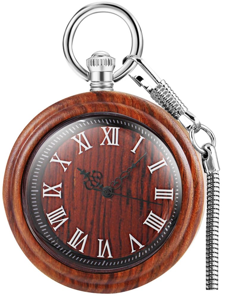 tiong Wooden Pocket Watch,Customized Wooden Pocket Watches for Men Handmade Bamboo Wood Analog Quartz Custom Pocket Watch with Chain Gift for Father's Day, 03-red brown, Quartz Movement-picture-55