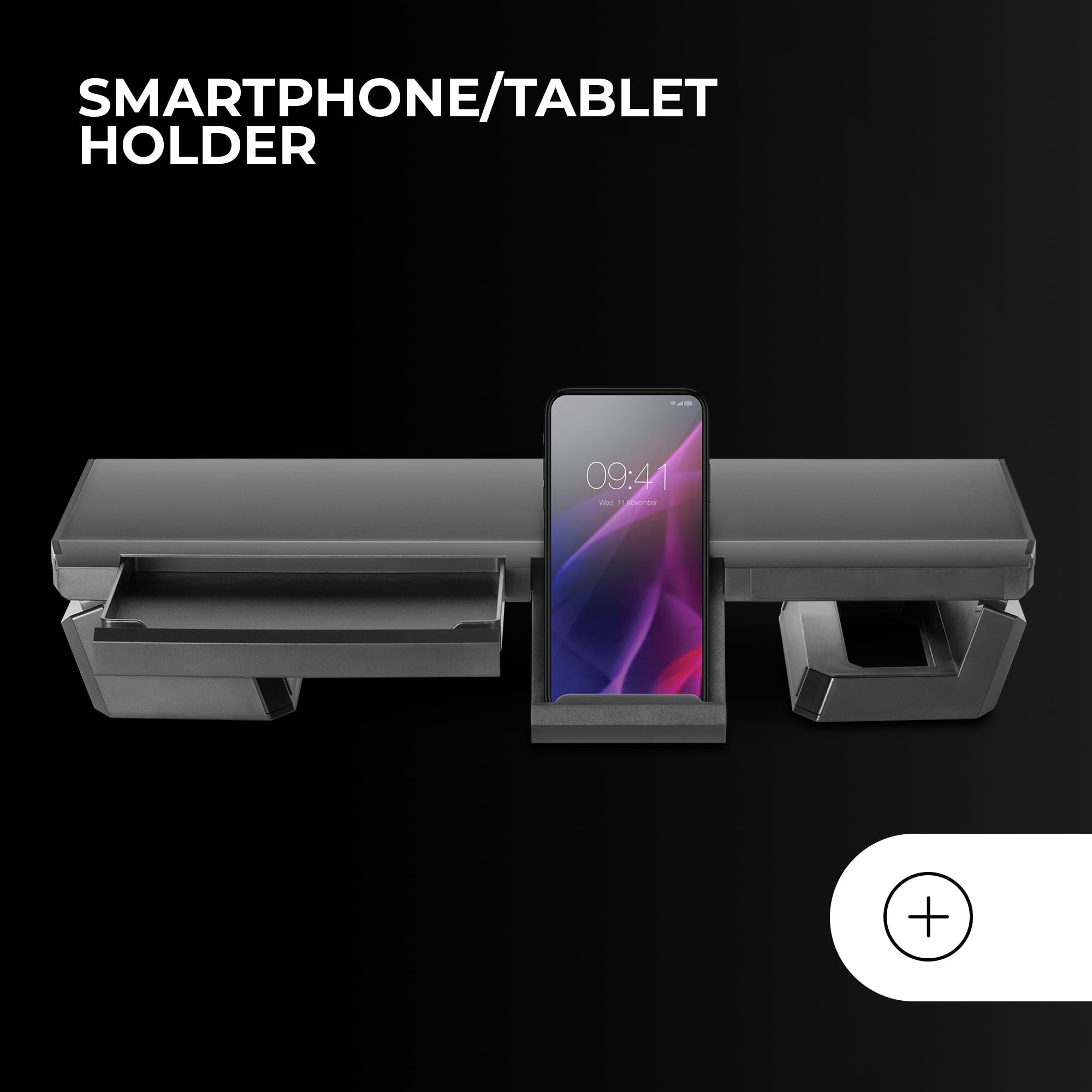 Mars Gaming MGS-PRO, Supporto Ergonomico per Monitor, Supporto Professionale per Smartphone e Tablet, Regolabile in 3 Misure, Cassetto Multifunzione, Nero