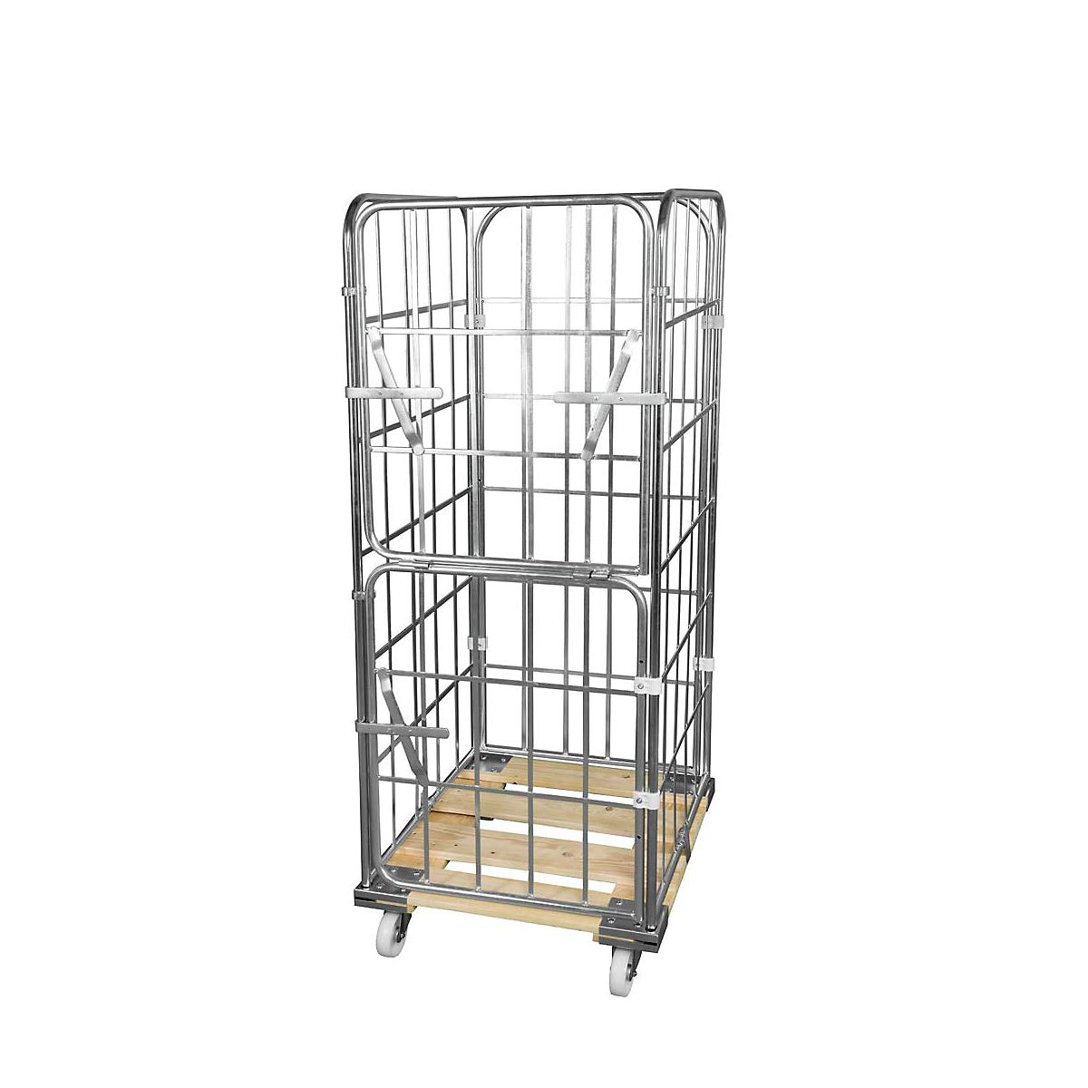 Roll-conteneur avec socle roulant en bois, 4 côtés, l x p 724 x 810 mm, panneau frontal en une partie