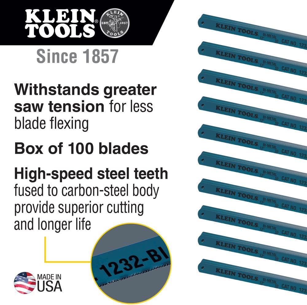 Klein Tools 1232BI Hacksaw Blades, Bi-Metal Replacement Blades 32 TPI, 12-Inch, 100-Pack