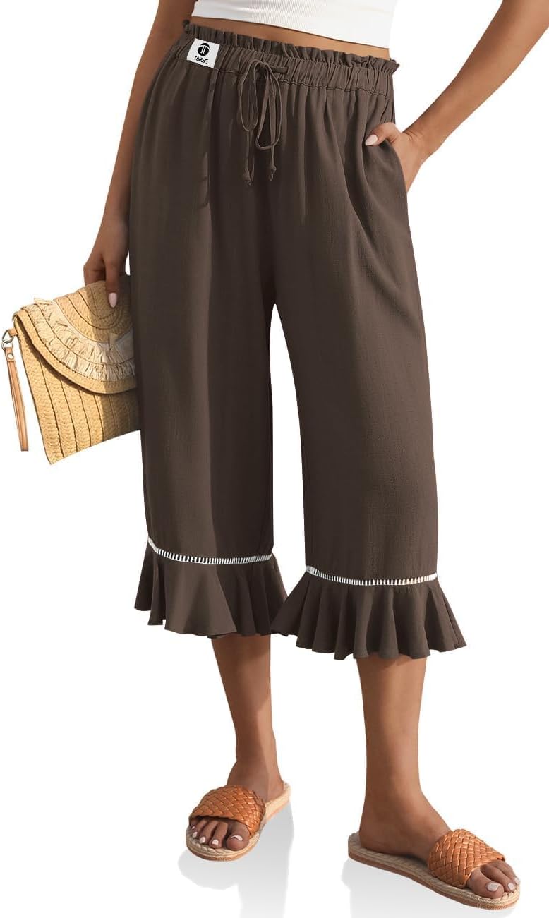 TARSE Women’s Linen Capri Pants High Waisted Lightweight Drawstring Wide Leg Flared Ruffle Hem Palazzo Pants with Pocket