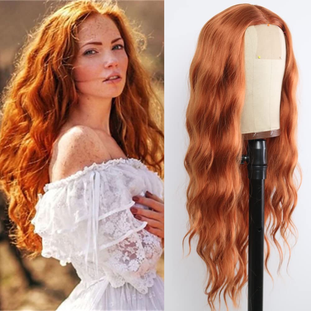Copper Orange Loose Wave Middle Part Wigs Ginger Natural curly Wavy Wig for Women, 24 Inch Glueless Wear and Go Synthetic Fiber Easy Wigs for Beginners for Daily Party Cosplay Use image 2