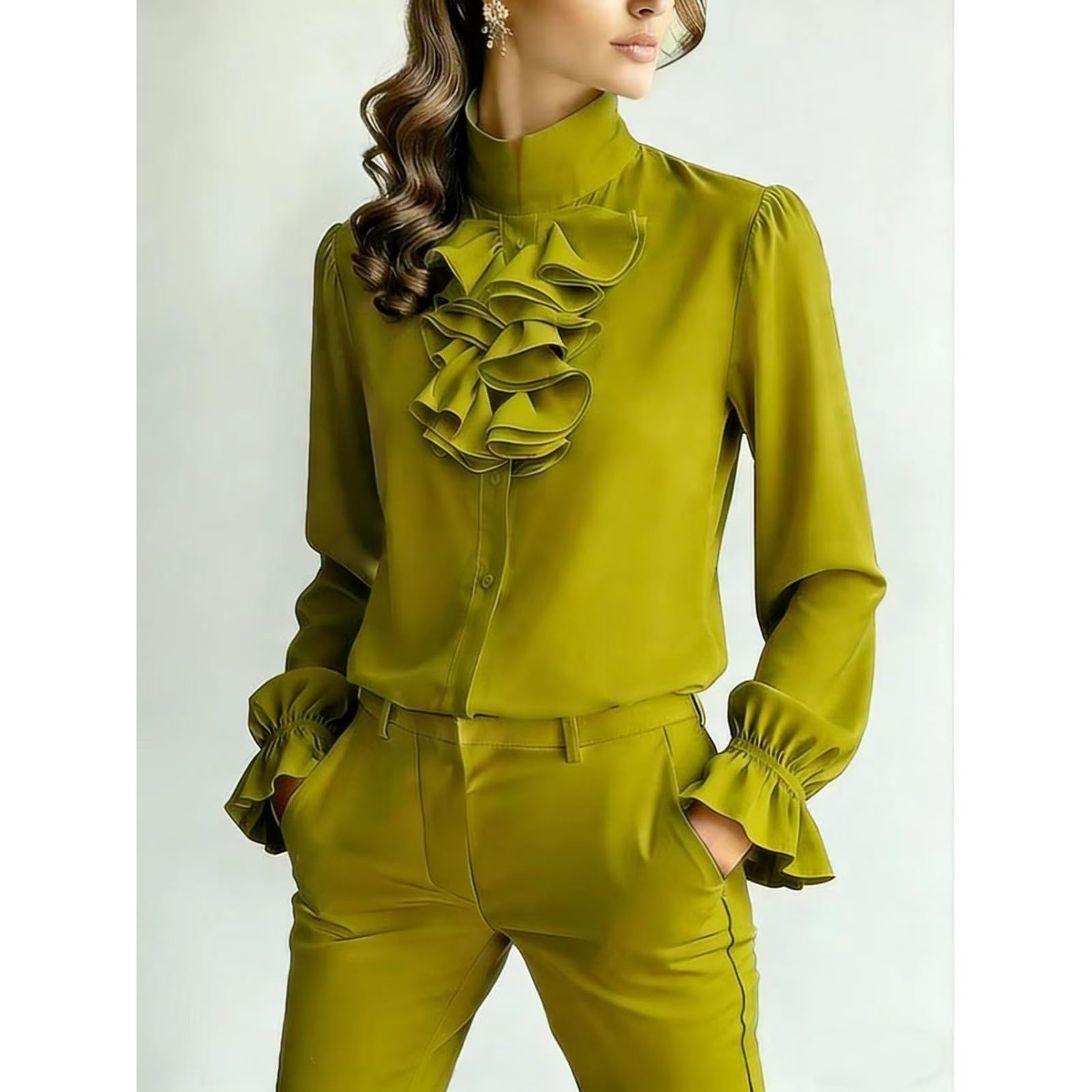 LKSCY Camicia da donna a tinta unita con volant sul davanti: colletto alla coreana con maniche a bolle e bottoni frontali a maniche lunghe da ufficio