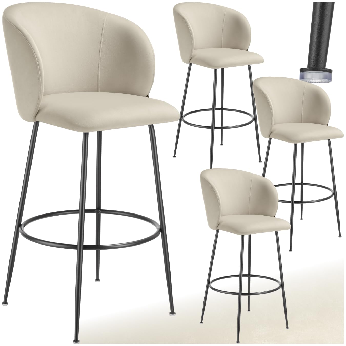 TecTake® High Stool with Padded Back, Kitchen High Chair with Footrest, Stool with Steel Legs and Non-Slip Stops, Bar Chair, Kitchen Stool - 4 Chairs Cream/Black