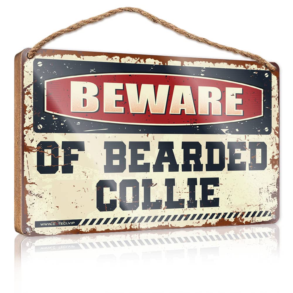 DTHA Wood Sign With Sayings Beware Of Bearded Collie Wooden Sign Wooden Hanging Sign Bathroom Wall Decor(15X28CM)