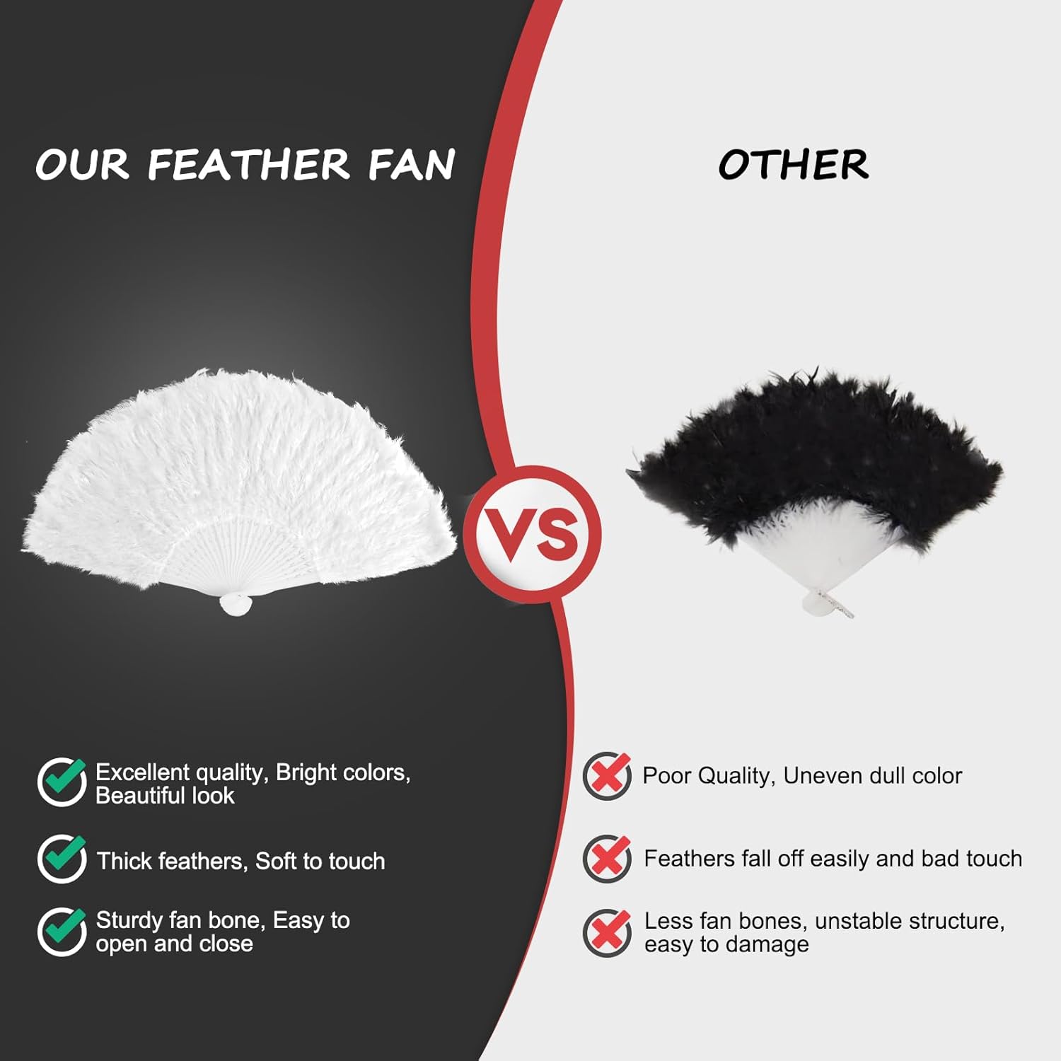 Feather Hand Fan, 1921s Vintage Style Marabou Feather Fan, Folding Handheld Feather Fan for Costume Show Dress Dance Party Wedding Photoshoot(Large White)