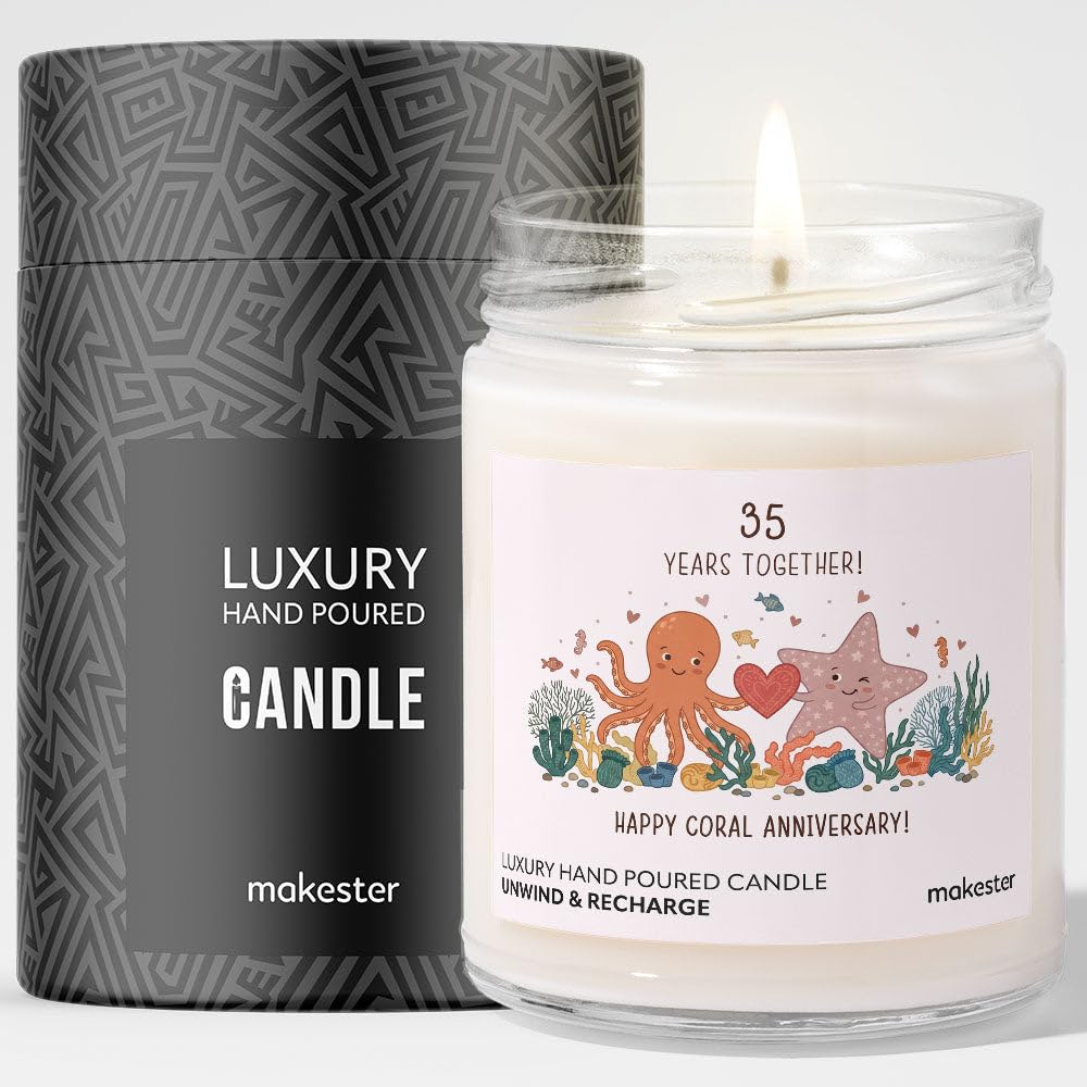 Gifts for Coral Wedding Anniversary - Luxury Soy Wax Candle - Vanilla, Jasmine, Sugared Almond - Makester — image 1