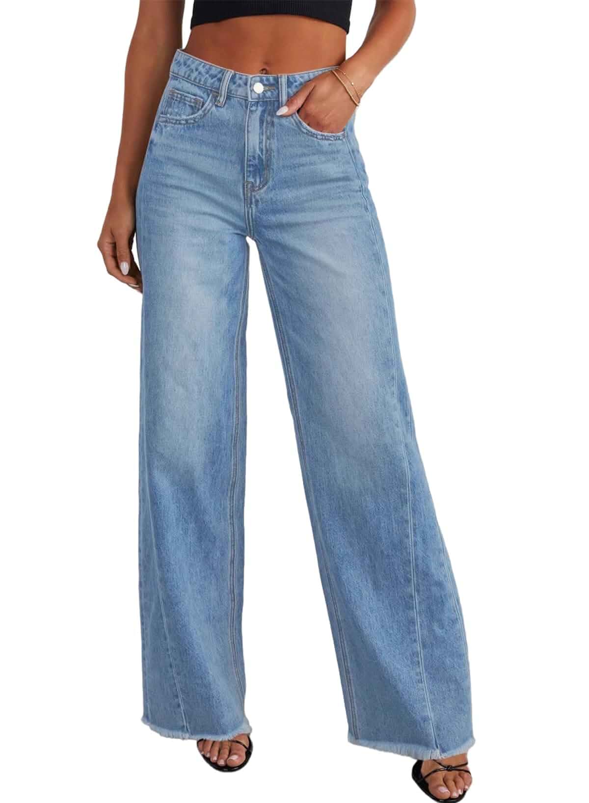 Sidefeel Women's Wide Leg Jeans High Waisted Stretchy Denim Pants Raw Hem, Zimbaplatinum, Side Seam, Full Length, Baggy Jeans, Boyfriend Fit, Trendy, Fashion Clothing