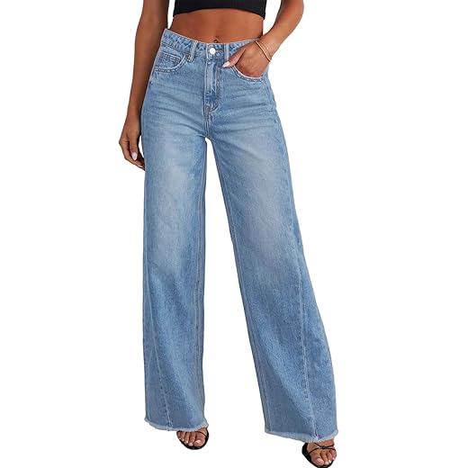 Sidefeel Women's Wide Leg Jeans High Waisted Stretchy Raw Hem Zimbaplatinum Denim Pants