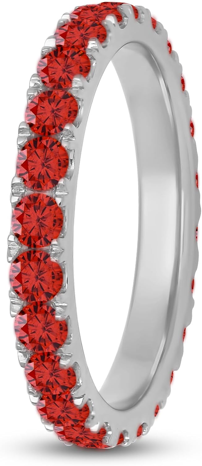 Jewelili Sterling Sliver 2.5 MM Garnet Cubic Zirconia Half Eternity Promise Wedding Band Size 7