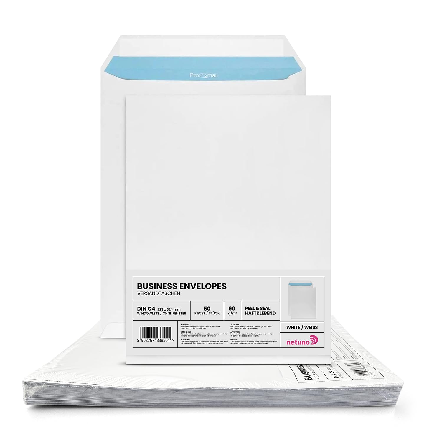 50 DIN C4 White Envelopes 229 x 324 mm Straight Flap Adhesive Without Window 90 g in Large Format Commercial Envelopes — image 1