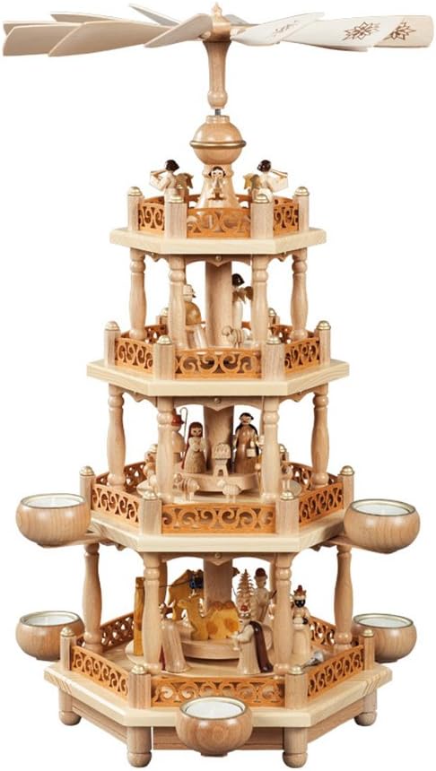Christmas Pyramid Ore Mountains Richard Glässer Seiffen Birth of Christ, 3 Levels, Natural for Tea Lights, 16703
