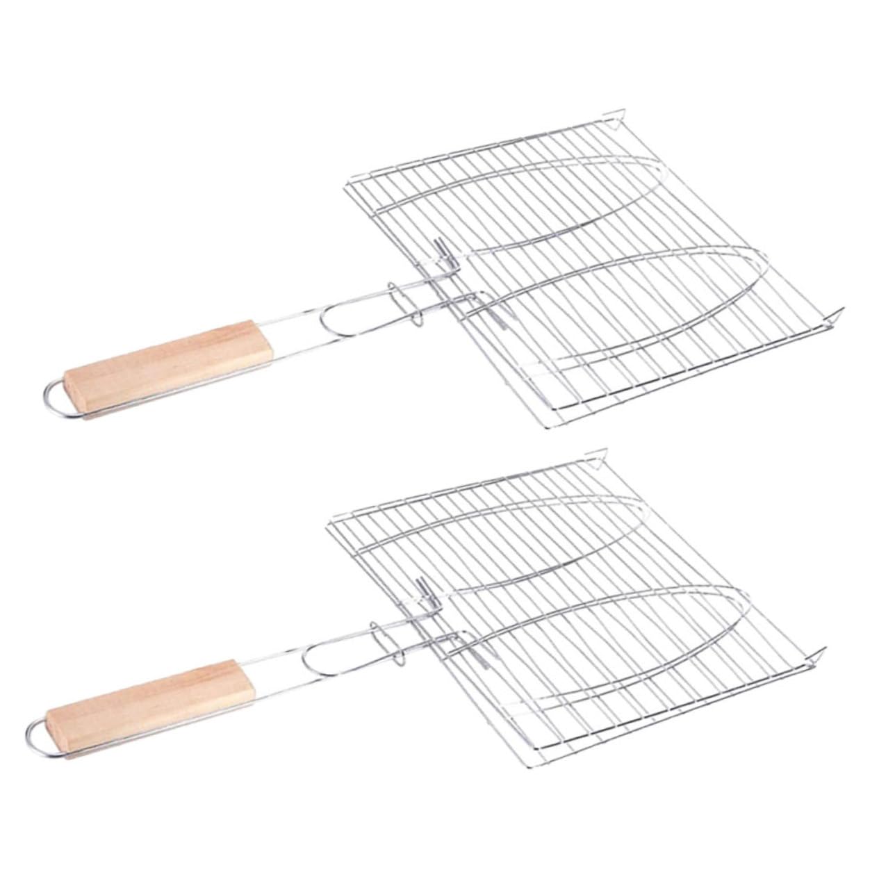 Panier à griller pour barbecue en fil de fer argenté avec poignée bois 2 pièces