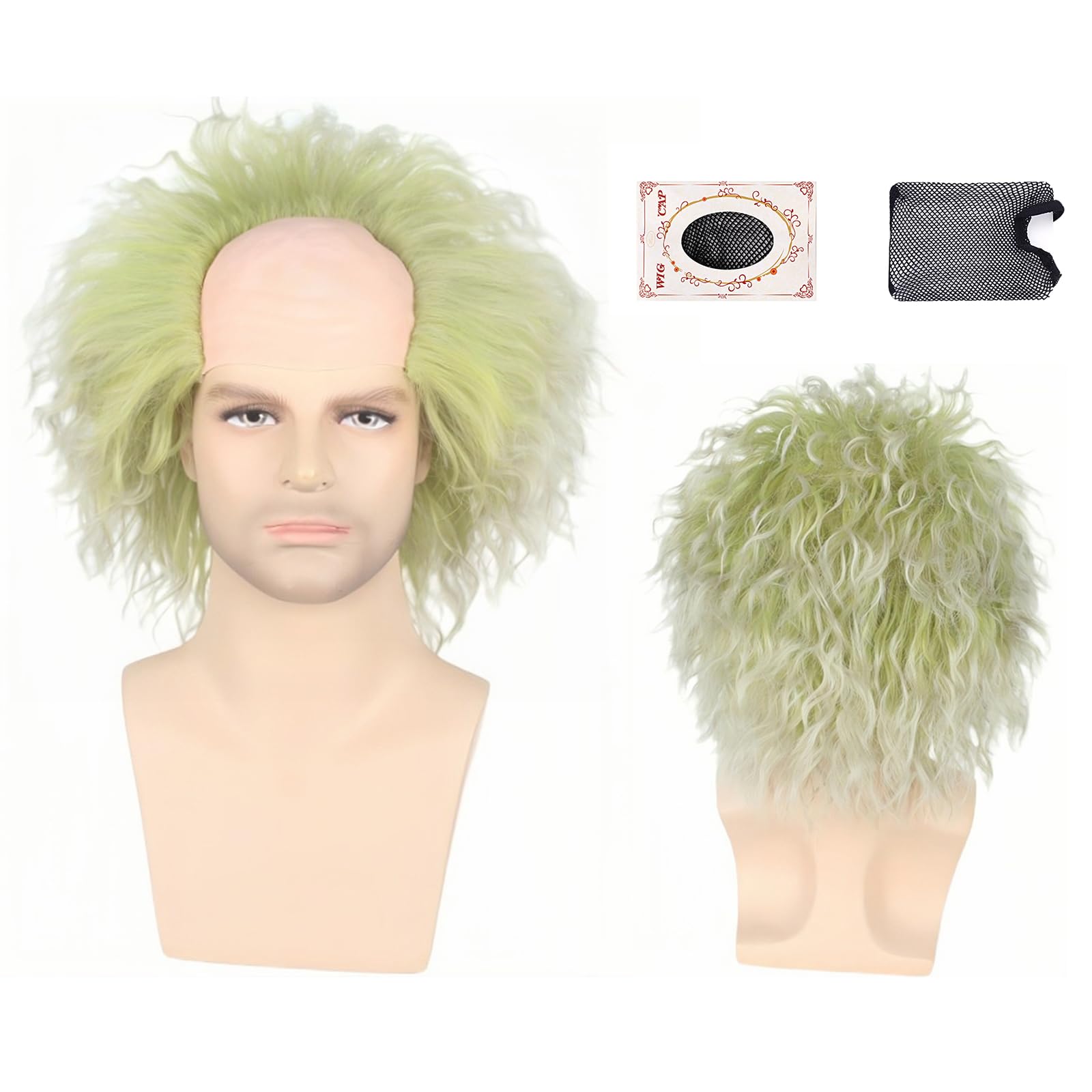 Peluca Masculina Verde Plateada - Rizada, Desordenada, Con Gorro Ajustable, Para Cosplay Y Halloween
