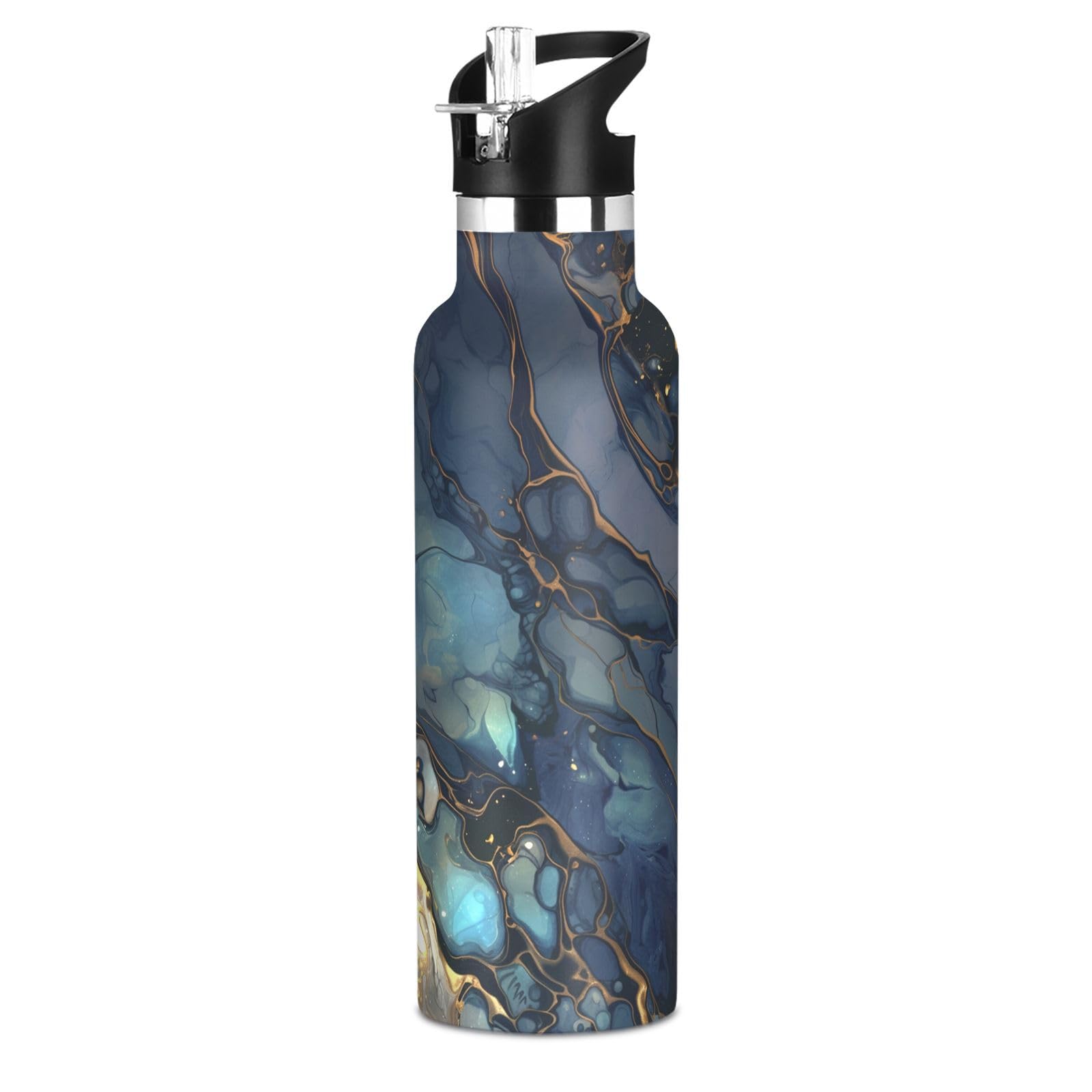 Kaaviyo Boys Pattern Marble Swirls Blue Gold Water Bottle Stainless Steel Jug Insulated Vacuum Cup For Girls(600Ml)