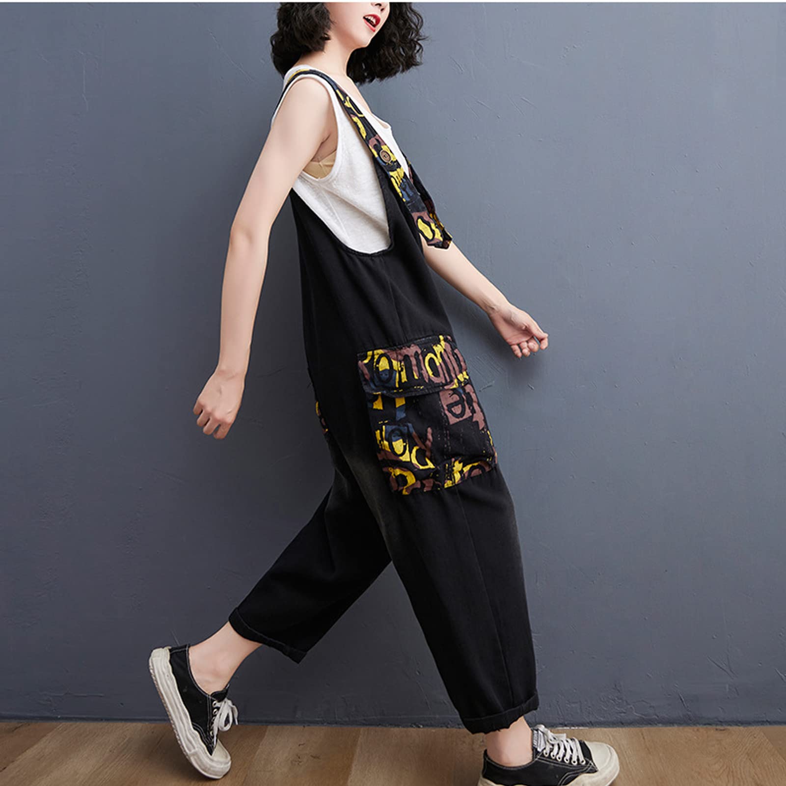Salopette Donna Jeans retrò in Denim Lunga Regolabile Cinturino Senza Maniche Tute Baggy Casual a Gamba Larga Pantaloni Dungarees Overall Jumpsuit Black-L