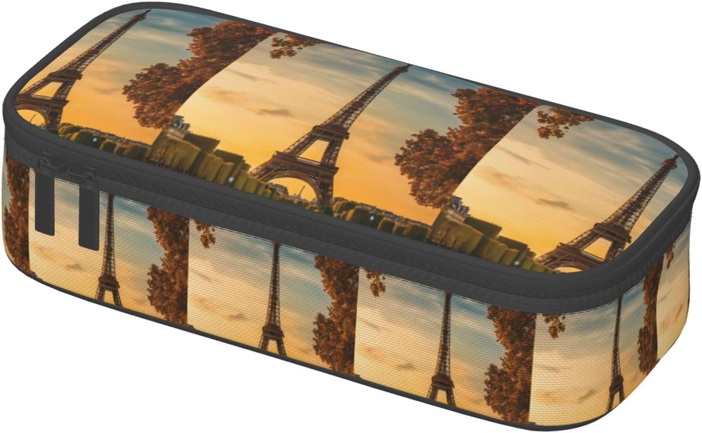 Eiffel Tower Paris Autumn Print Large Capacity Layered Pencil Pouch, Zipper Storage Bag with Mesh Pocket & Pen Slots image 2