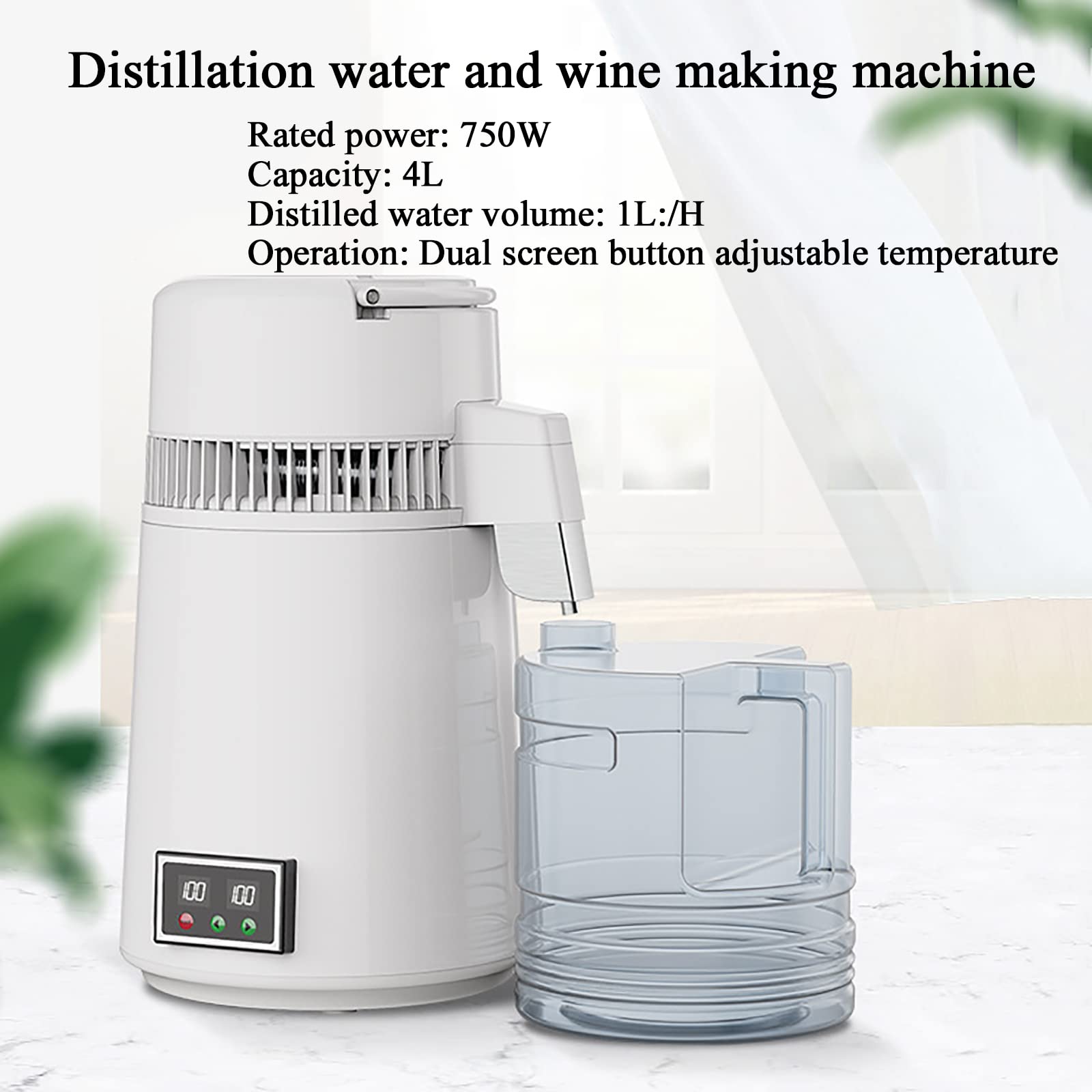 Destilador de Agua, destilador de Agua de Acero Inoxidable con Jarra de Vidrio, destilador de Agua Digital de 4 l, diseño con Dos Botones de Pantalla, 1 l/h de Agua destilada,