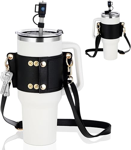 Miniatura 1 de Soporte para botella de agua para vaso Stanley, correa de cuero compatible con vaso Stanley de 40 onzas y 30 onzas con asa, correa ajustable,