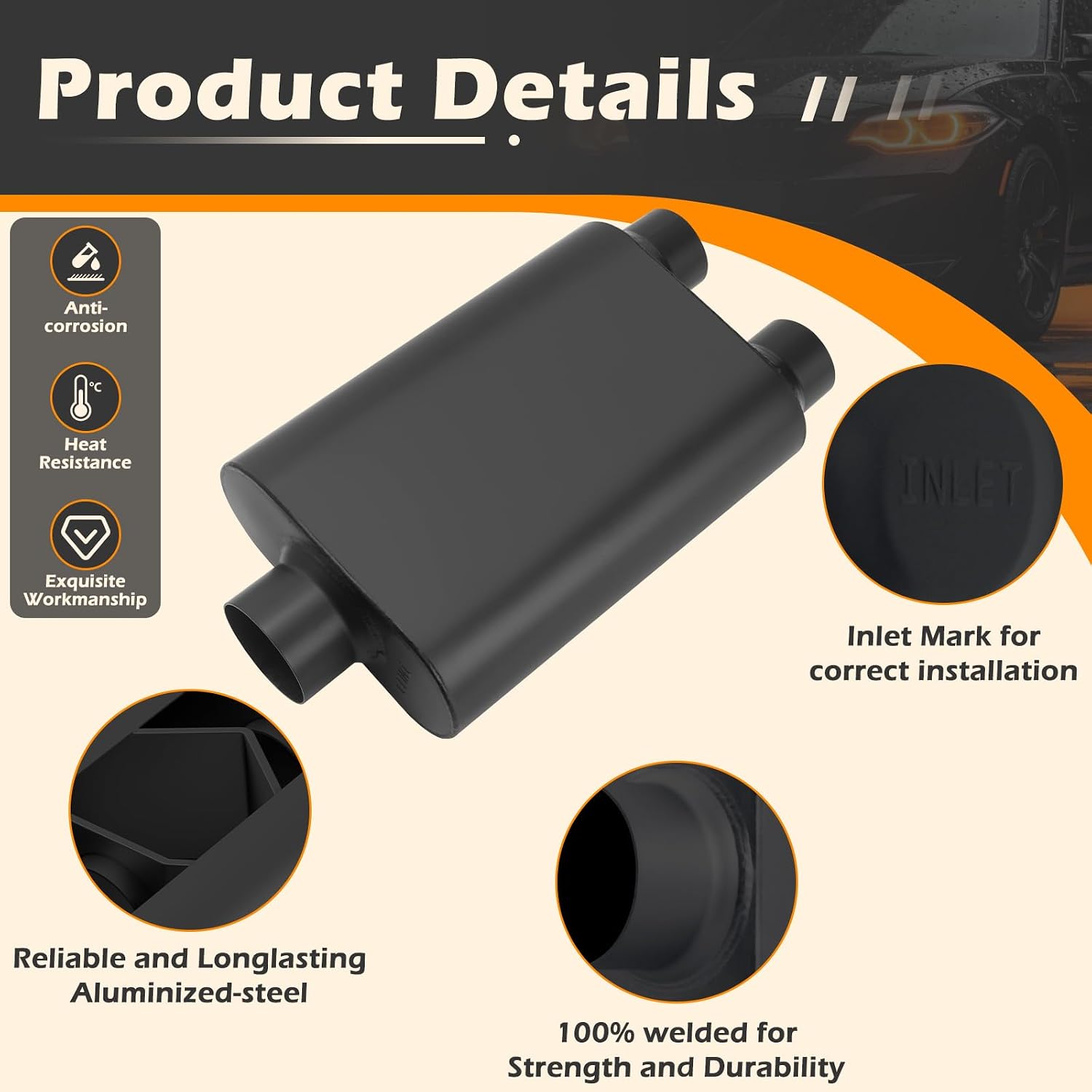 A-KARCK Universal Exhaust Muffler 3" Center Inlet 3" Dual Outlet, 17.3" Overall Length Aluminized Steel Aggressive Sound Race Muffler for Cars, Trucks (Black)