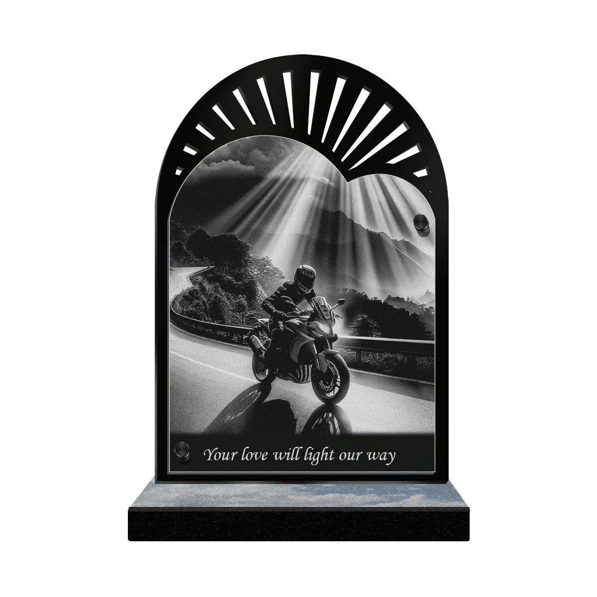 ETERNEL - Personalized Funeral Plaque Sun Rays - Biker, Motorcycle, Rider - Customizable text, laser-engraved memorial funeral plaque, tombstone, mortuary, funeral, burial