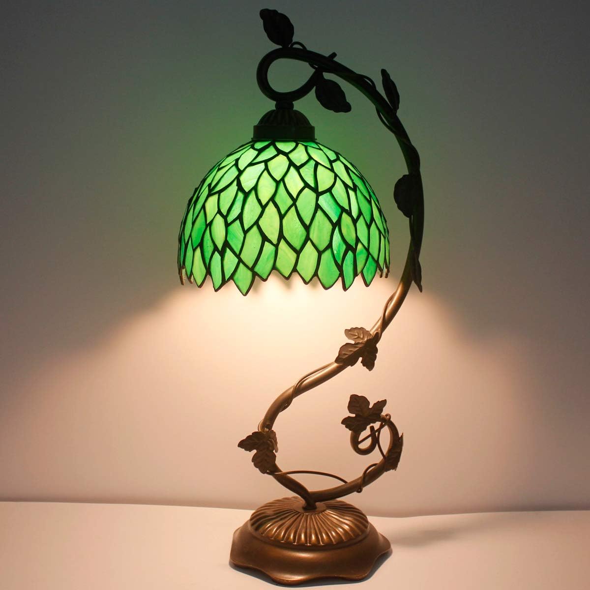 WERFACTORY Tiffany Style Lamp Green Wisteria Stained Glass Table Desk Reading Light, Metal Leaf Base 8X10X21 Inches Decor Small Space Bedroom Home Office S523 Series