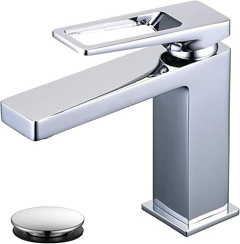 NEWRAIN - Grifo de baño cromado, lavabo de latón de un solo agujero con tapón de drenaje de fregadero emergente, grifo de fregadero de tocador de