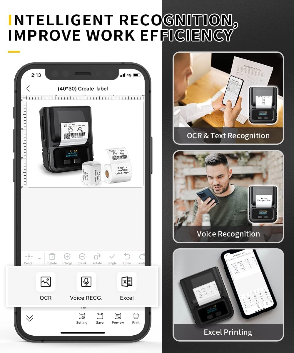 Phomemo M120 Label Maker app demonstrating OCR, voice recognition, and Excel printing.