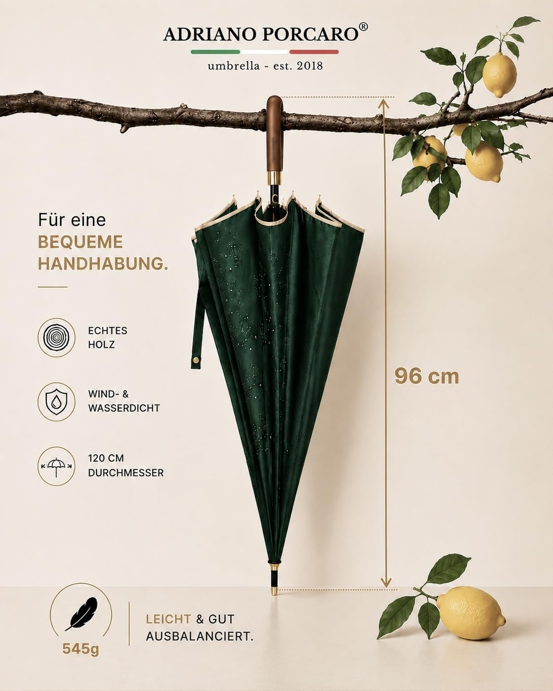 Automatyczny parasol, wiatroszczelny drewniany parasol, 12-krotne wzmocnienie włókna, duży, stabilny i odporny na wiatr, średnica 115 cm
