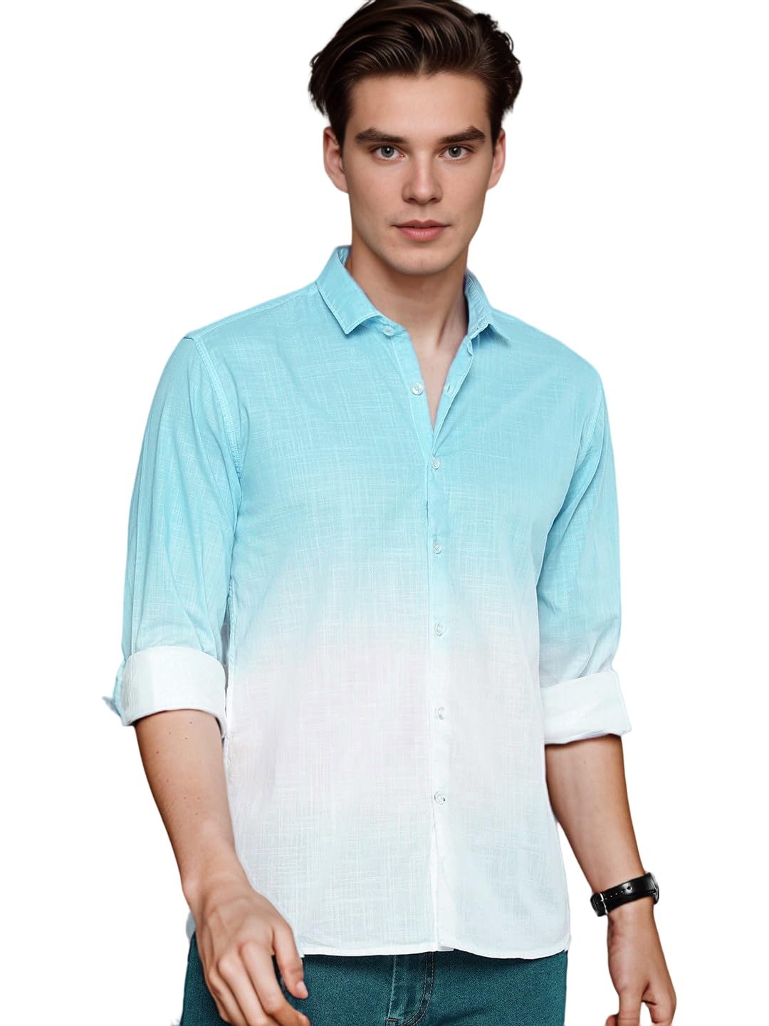 IndoPrimo Men's Cotton Shirt with Full Sleeves Spread Collar Classic Style Solid Pattern Regular Fit and Standard Length