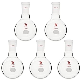 [5 Pack] CS Labglass 250ml Single Neck Round Bottom Flask with 24/40 Standard Taper Outer Joint, Borosilicate Glass Boiling Flask, Lab Glassware