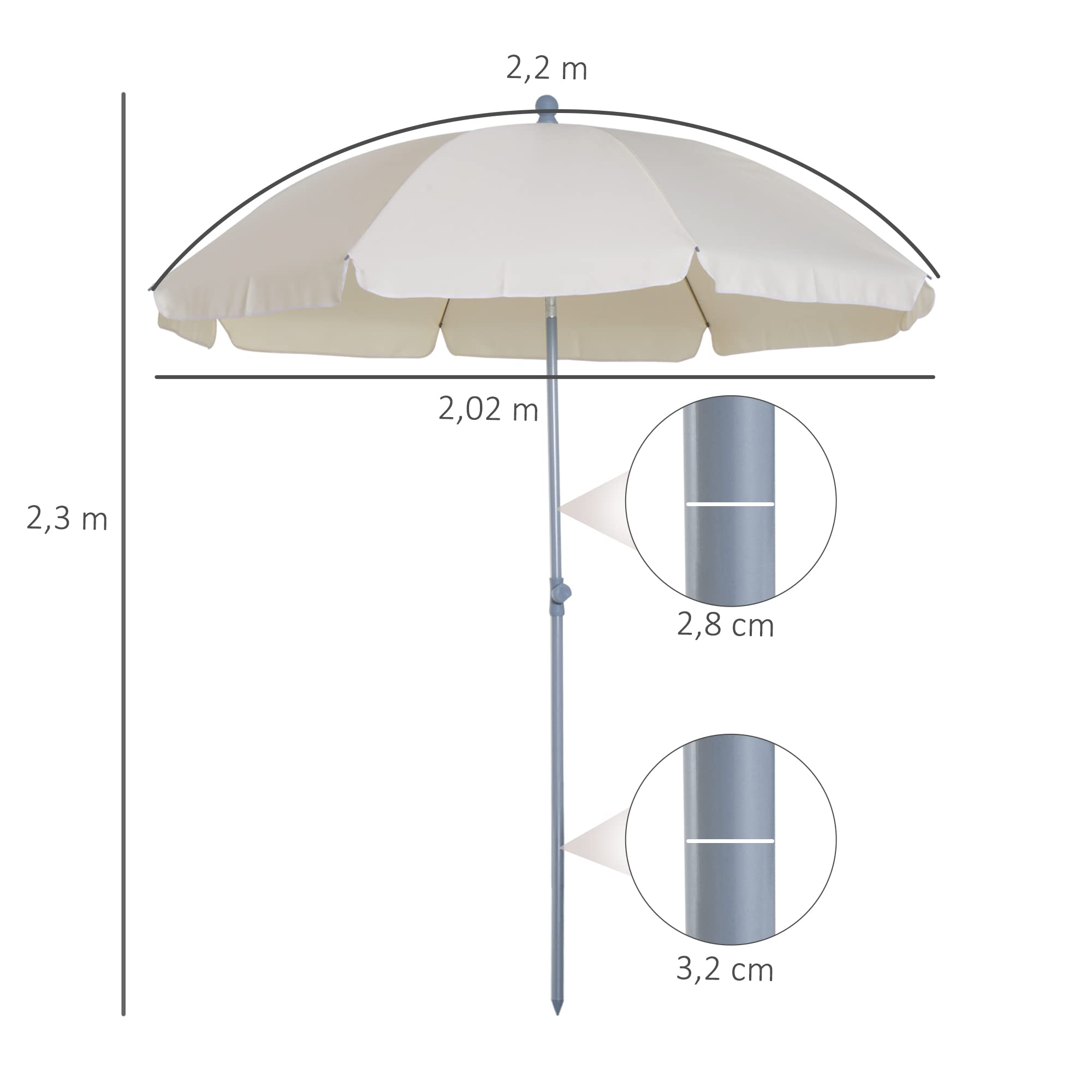 Outsunny Sombrilla de Playa Ø202 cm Techo Inclinable para Jardín Beige | Poste Desmontable, Pincho Inferior
