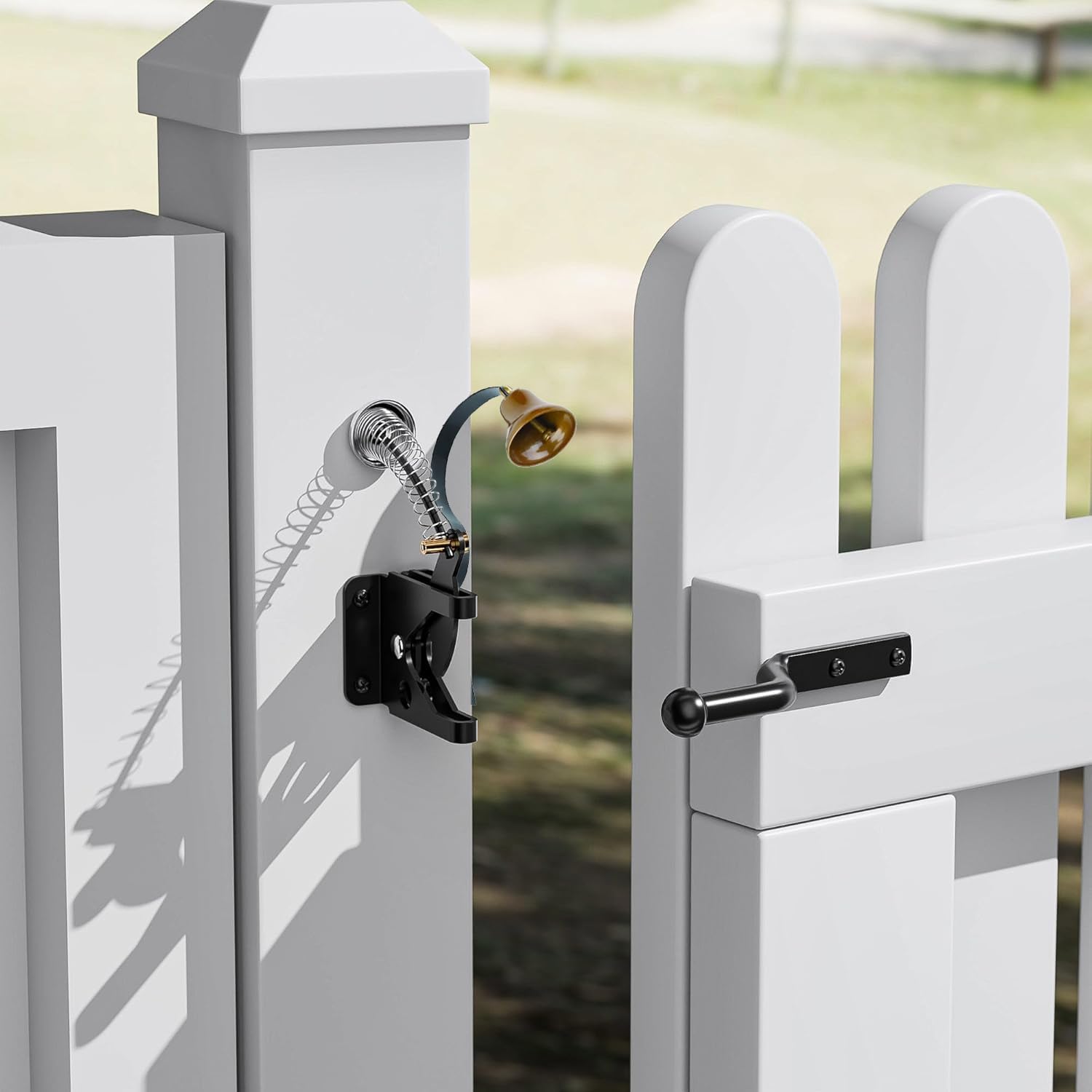 Self Locking Gate Latch for Wooden Fence Heavy Duty,Gravity Lever Fence Door Latches with Shop Doorbell Steel Spring Cable Pull String Gate for Outdoor Secure Pool,Garden,Black Finish - Image 2