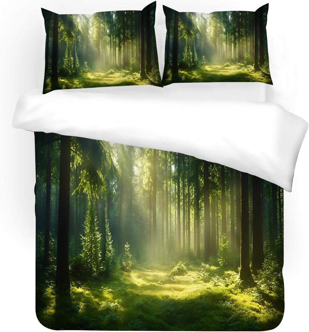 Housse de couette 220x240 vert forêt microfibre parure lit 2 personnes avec fermeture