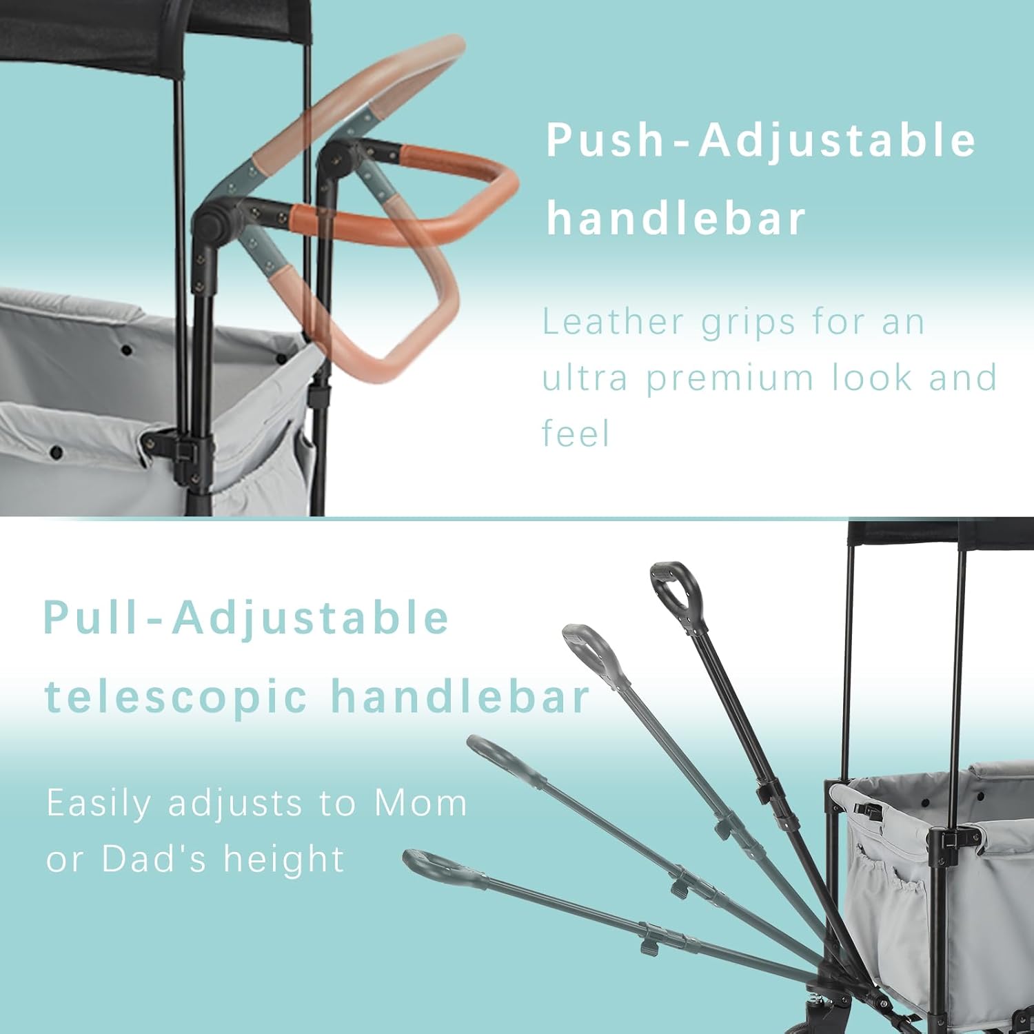 Wagon Stroller for 2 Kids, 3 in 1 Push and Pull Foldable Wagon with Footwell, All-Terrian Wheels, Includes Adjustable Canopy, Ample Organizer, 5 Point Harness