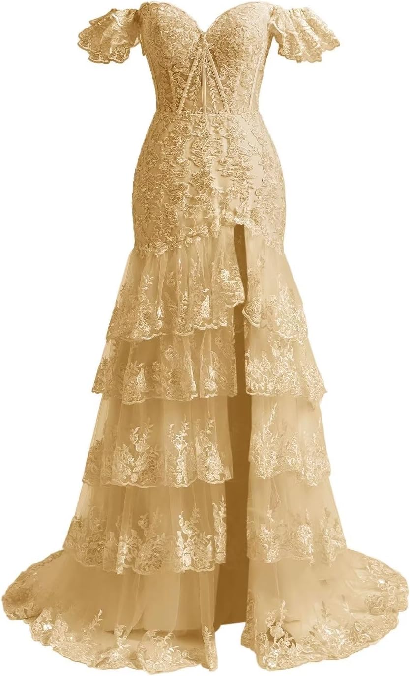 Eightale Off The Shoulder Sparkly Tiered Prom Dresses Tulle Appliques Mermaid Formal Evening Gowns
