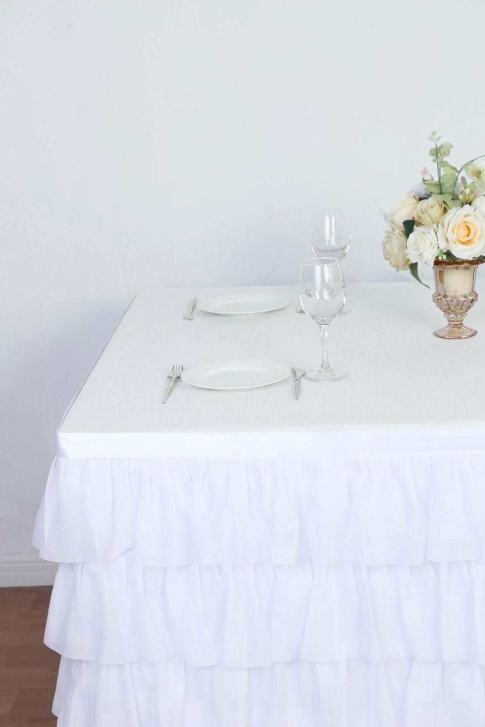 Efavormart 14ft 5-Tier White Chiffon Ruffled Tutu Table Skirt with Satin Backing